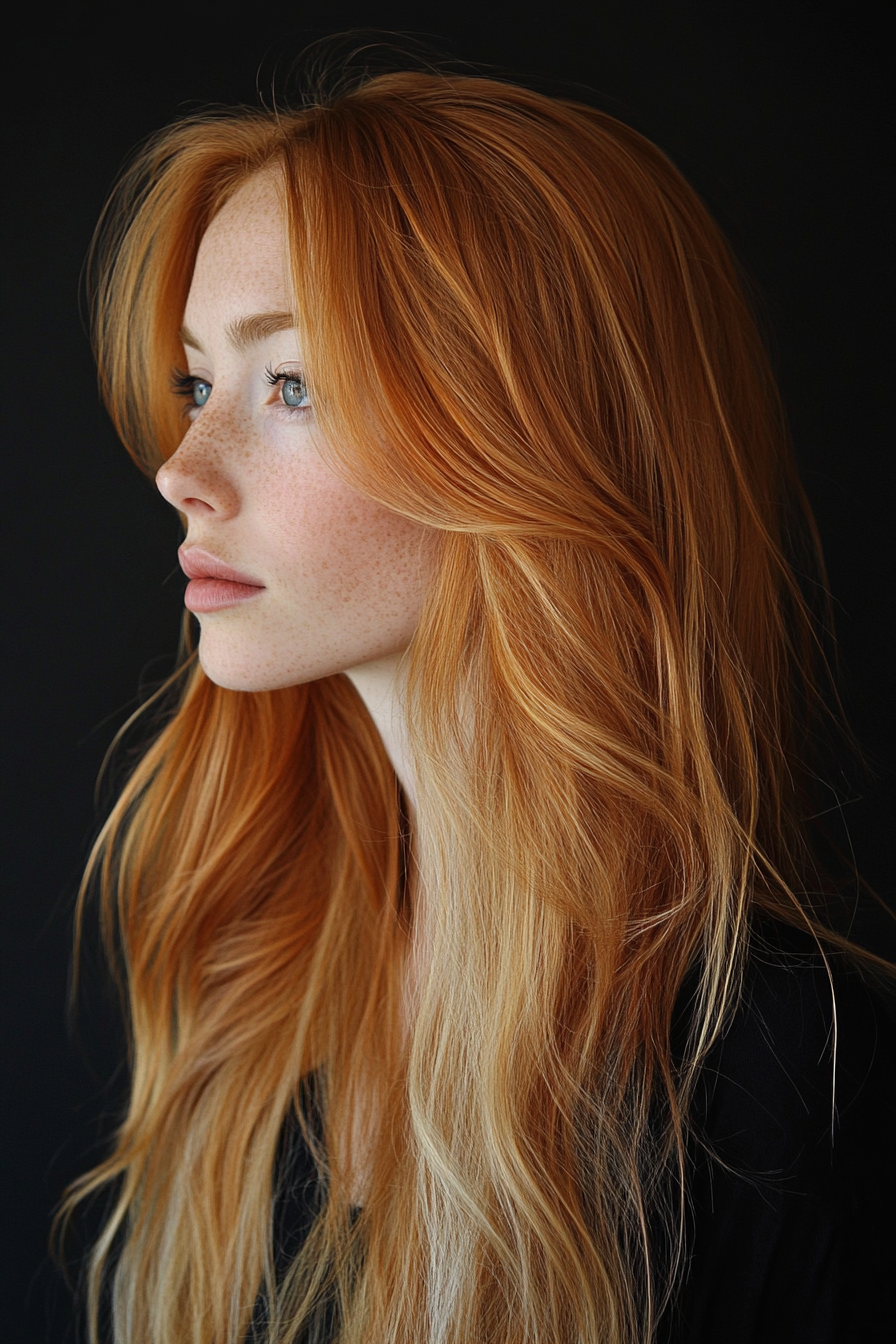 immagine di una donna con lunghi capelli biondi rame